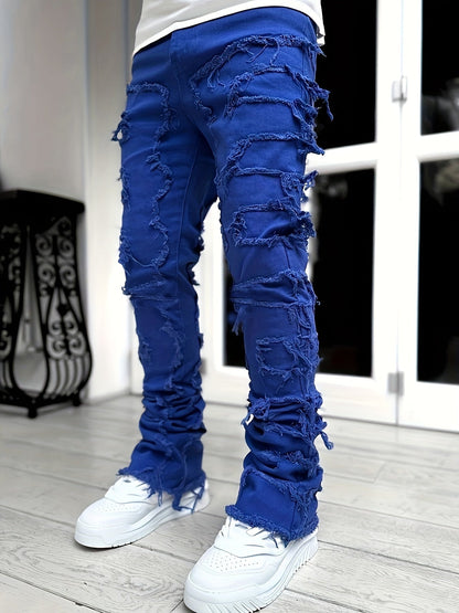 Men's Distressed Fringe-Hem Jeans - Washed Blue Stretch Denim Look – view 9