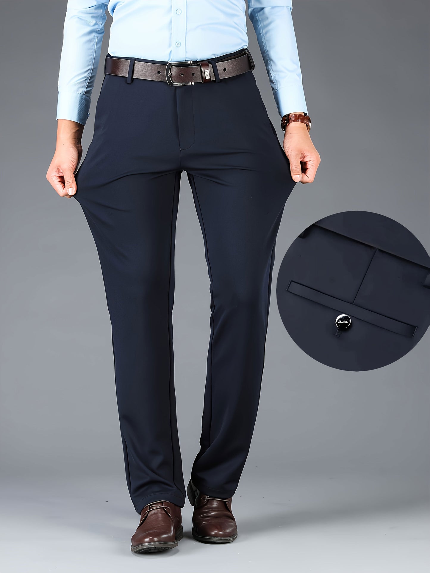 Men's Dress Pants – Men's Black + Navy Blue + Gray Polyester High-Waist Dress – view 7