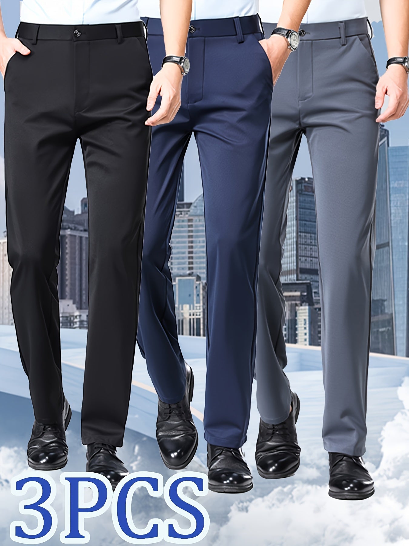 Men's Dress Pants – Men's Black + Navy Blue + Gray Polyester High-Waist Dress – view 10