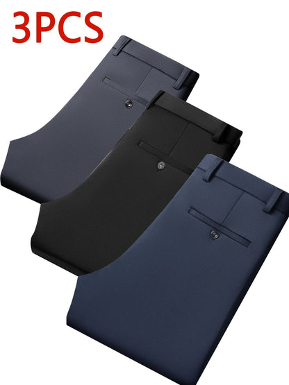 Men's Dress Pants – Men's Black + Navy Blue + Gray Polyester High-Waist Dress – view 11