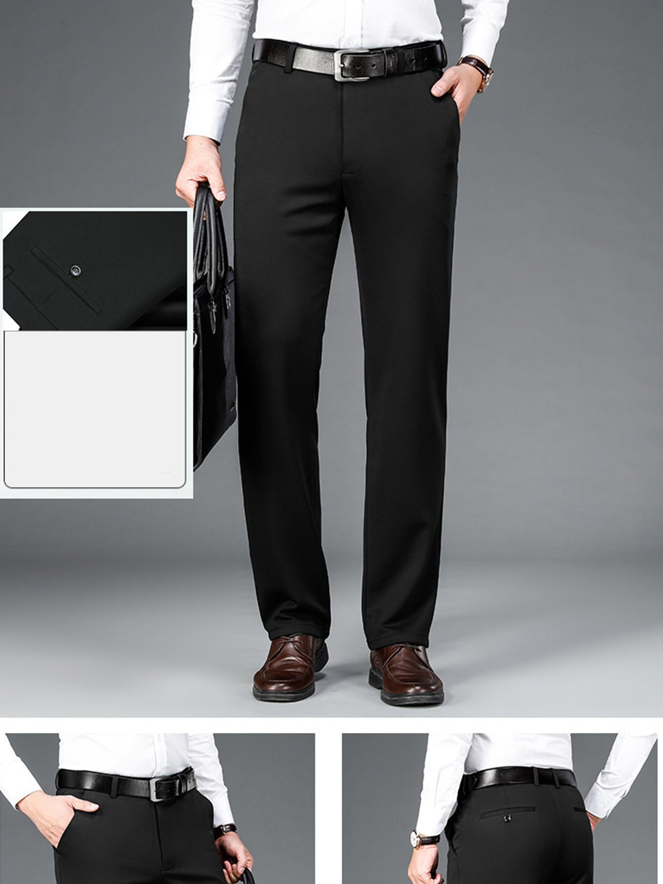 Men's Dress Pants – Men's Black + Navy Blue + Gray Polyester High-Waist Dress – view 12