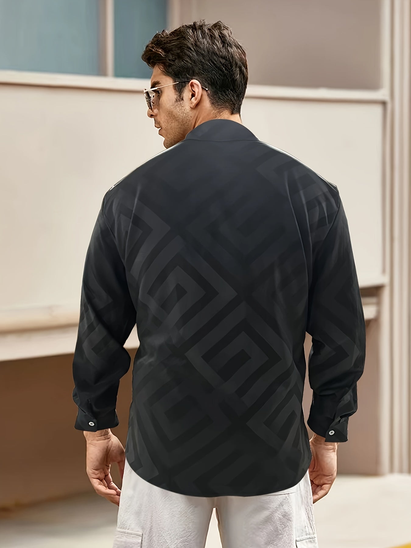 Men's Geometric Print Plus Size Long Sleeve Casual Shirt - Stretch – view 7