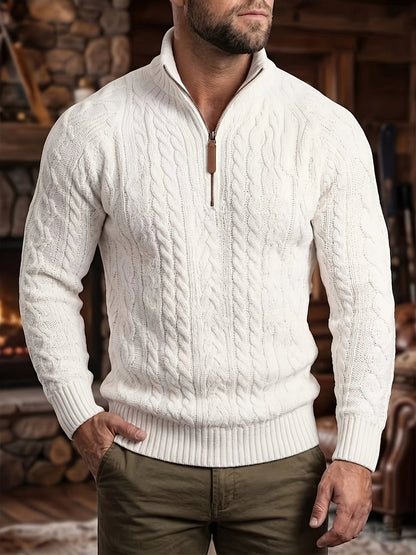 Men's Half-Zip Knit Sweater - Stand Collar Cable Pattern – view 2