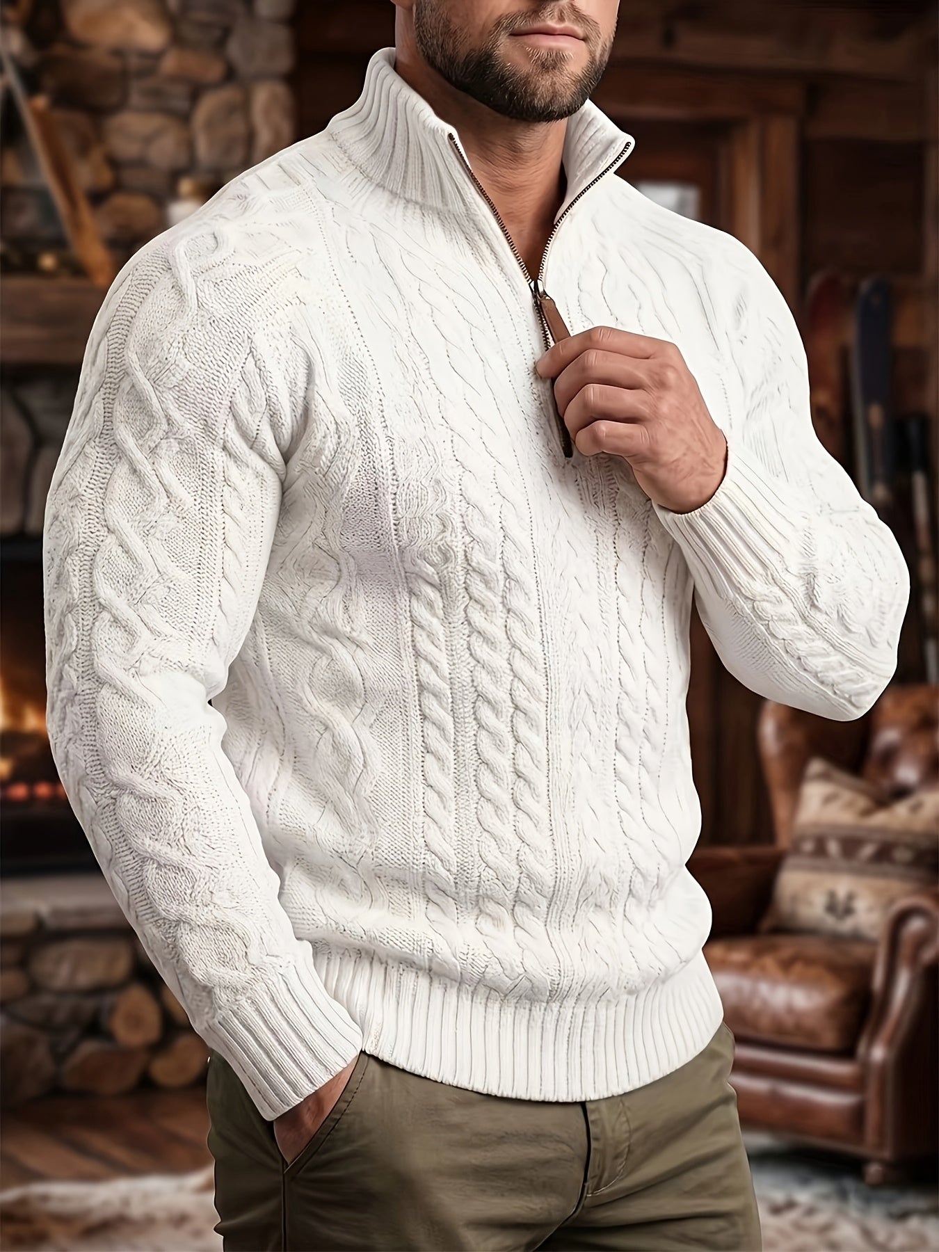 Men's Half-Zip Knit Sweater - Stand Collar Cable Pattern – view 4