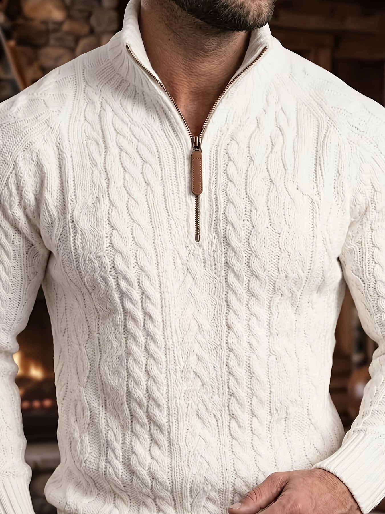 Men's Half-Zip Knit Sweater - Stand Collar Cable Pattern – view 6