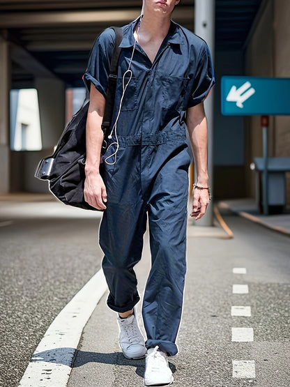 Men's Hooded Coveralls - Full-Zip One-Piece Design – Black / Blue – view 12