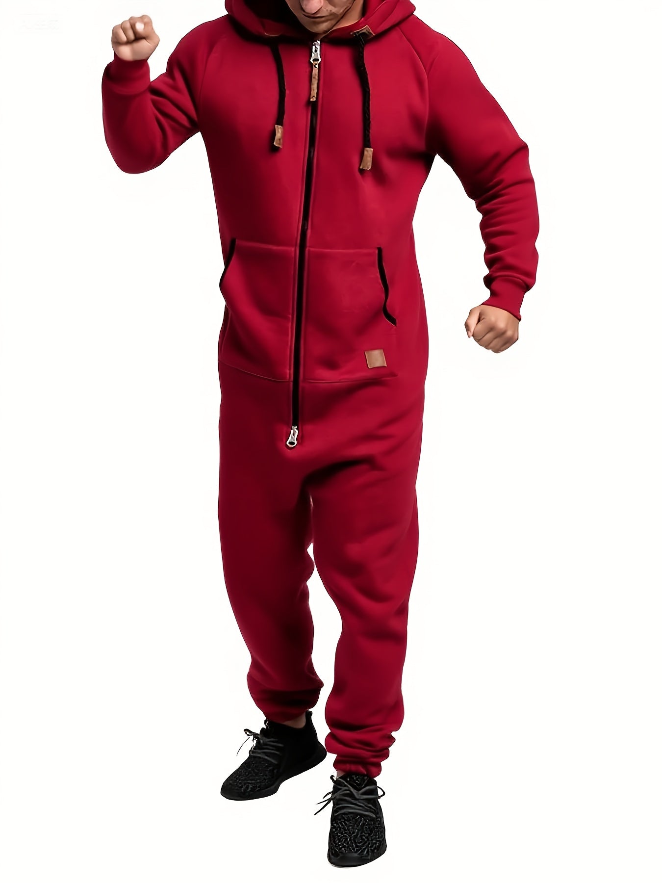 Men's Hooded Coveralls - Full-Zip One-Piece Design – Bright Red / Green – view 2