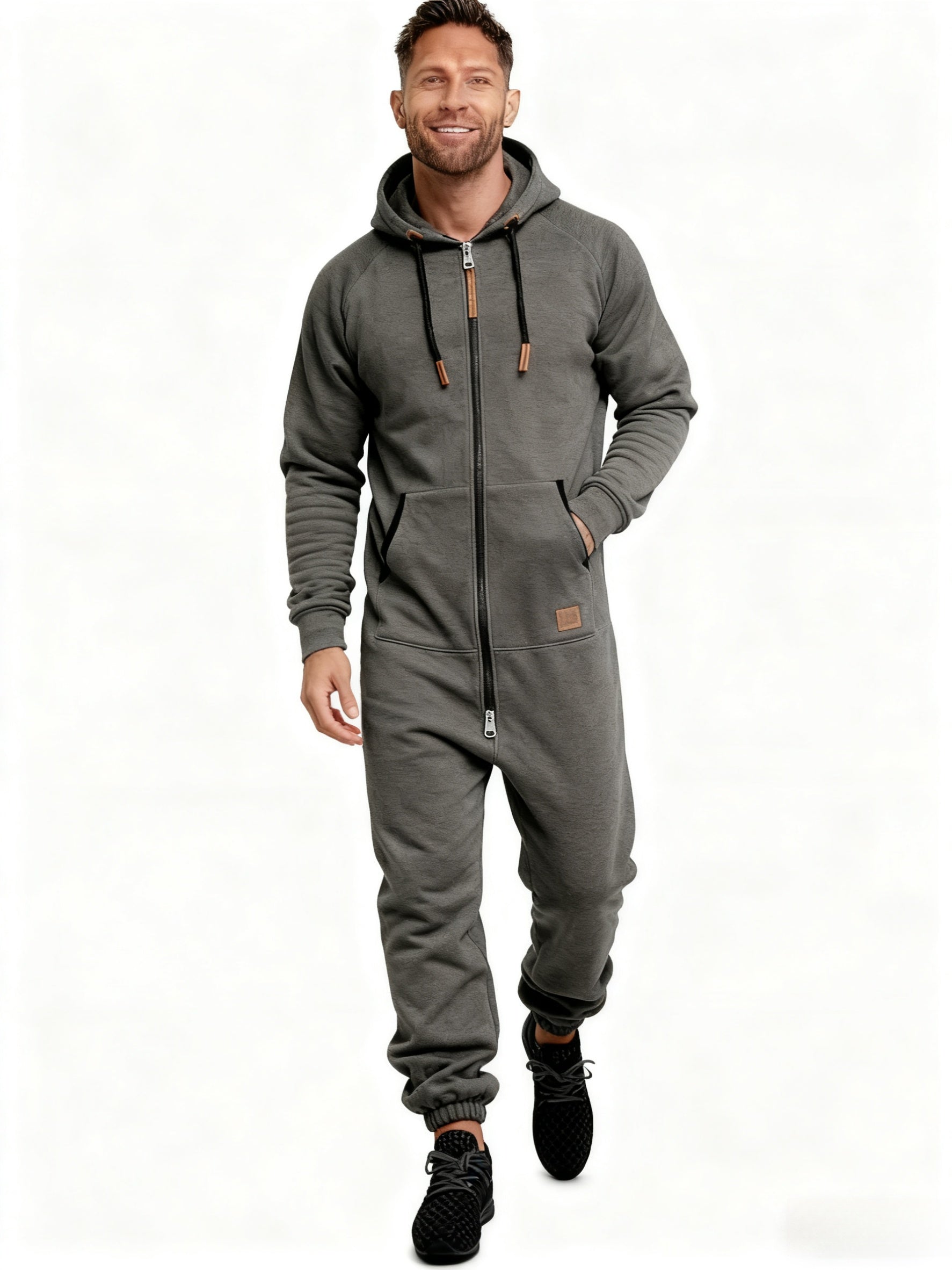 Men's Hooded Coveralls - Full-Zip One-Piece Design – Red / fern green – view 5