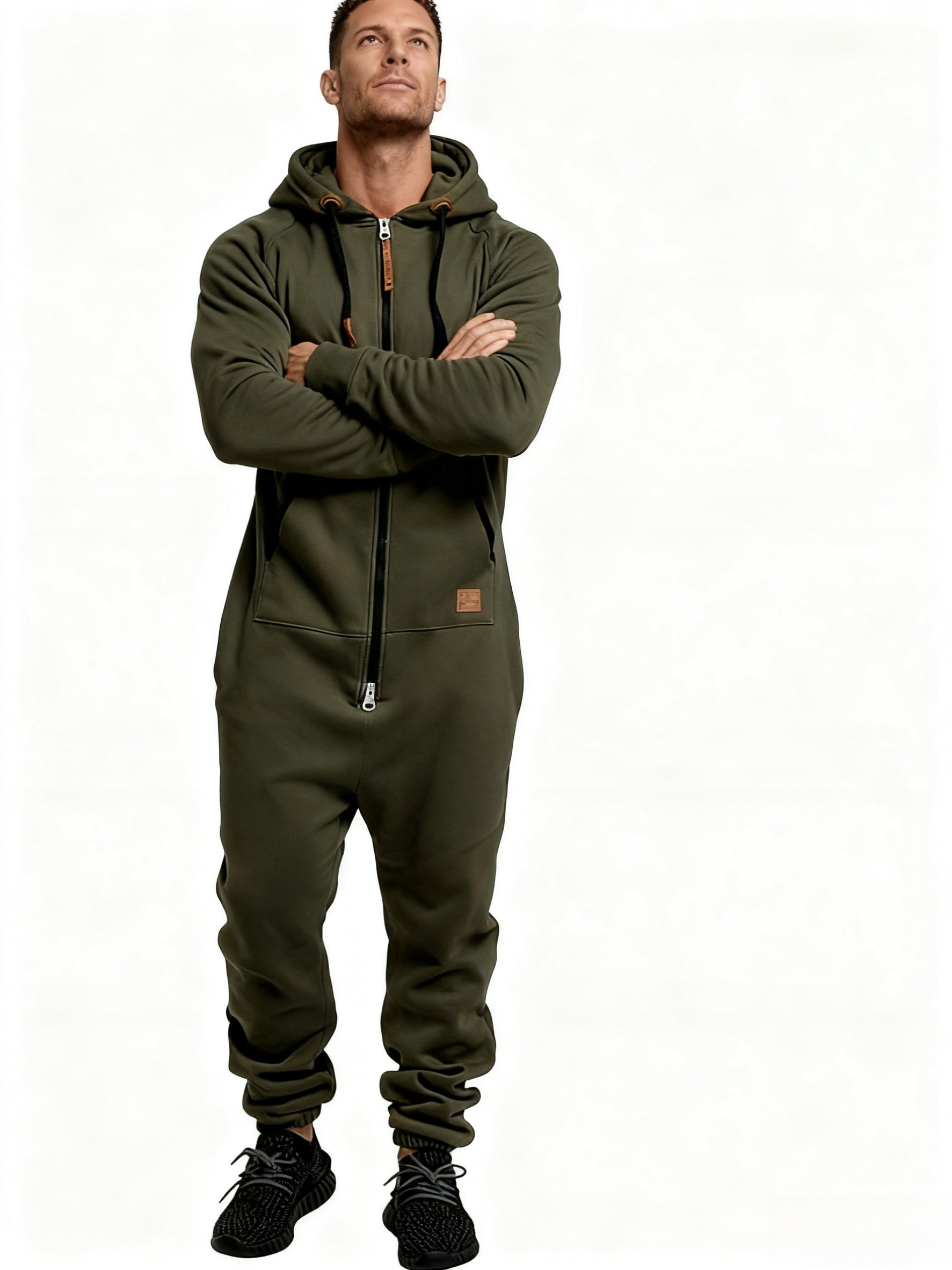 Men's Hooded Coveralls - Full-Zip One-Piece Design – Red / fern green – view 6