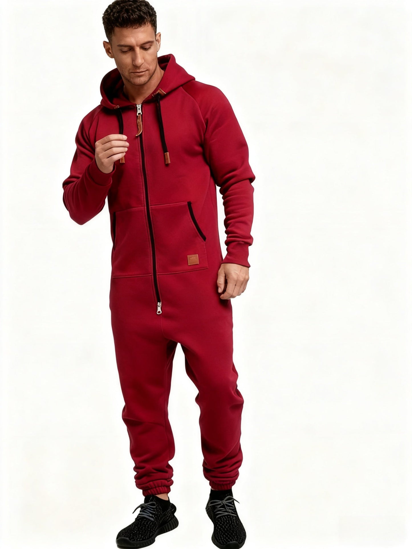 Men's Hooded Coveralls - Full-Zip One-Piece Design – Red / fern green – view 7