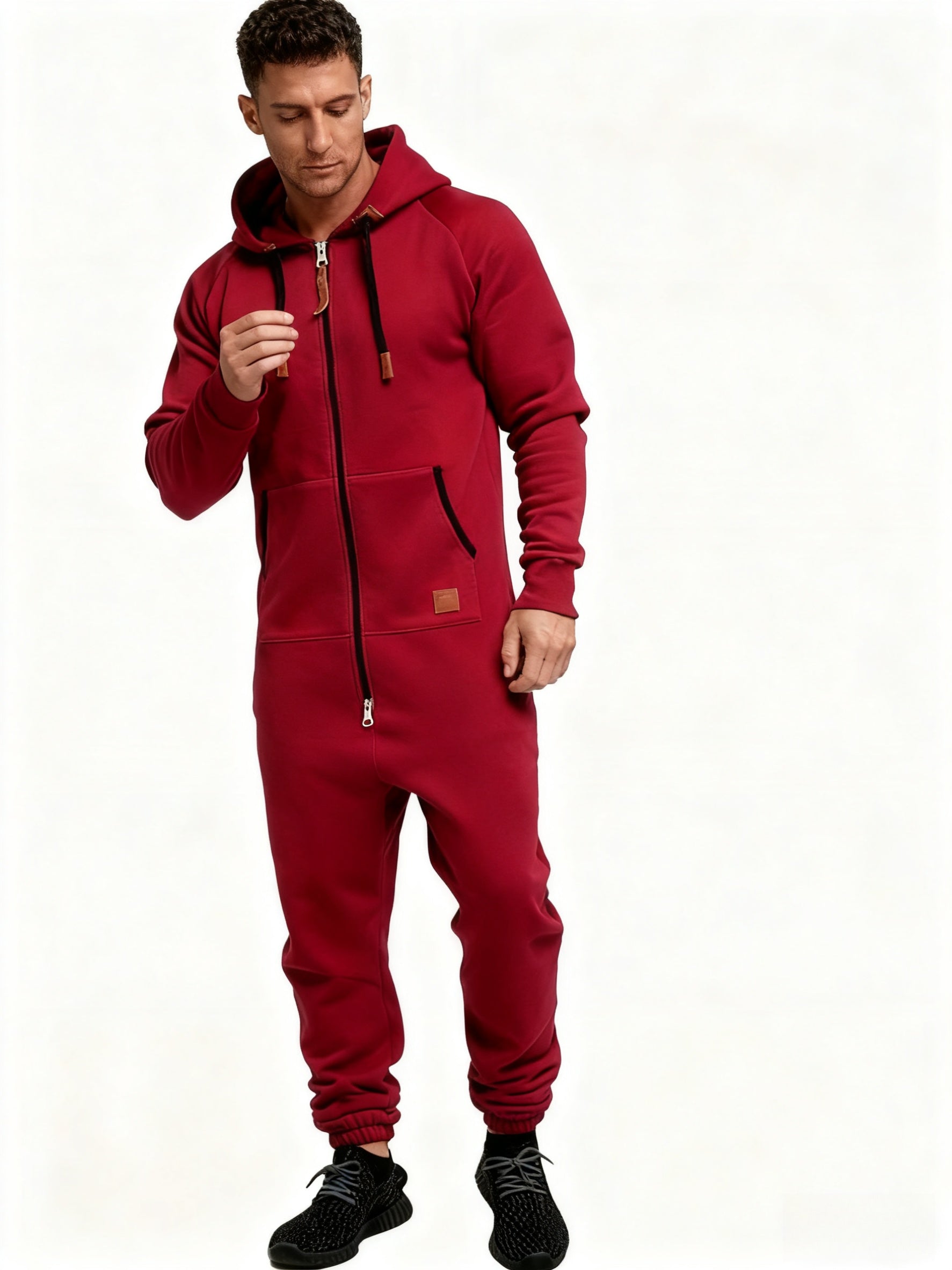 Men's Hooded Coveralls - Full-Zip One-Piece Design – Red / fern green – view 7