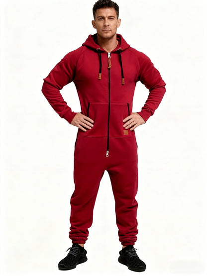 Men's Hooded Coveralls - Full-Zip One-Piece Design – Red / fern green – view 8
