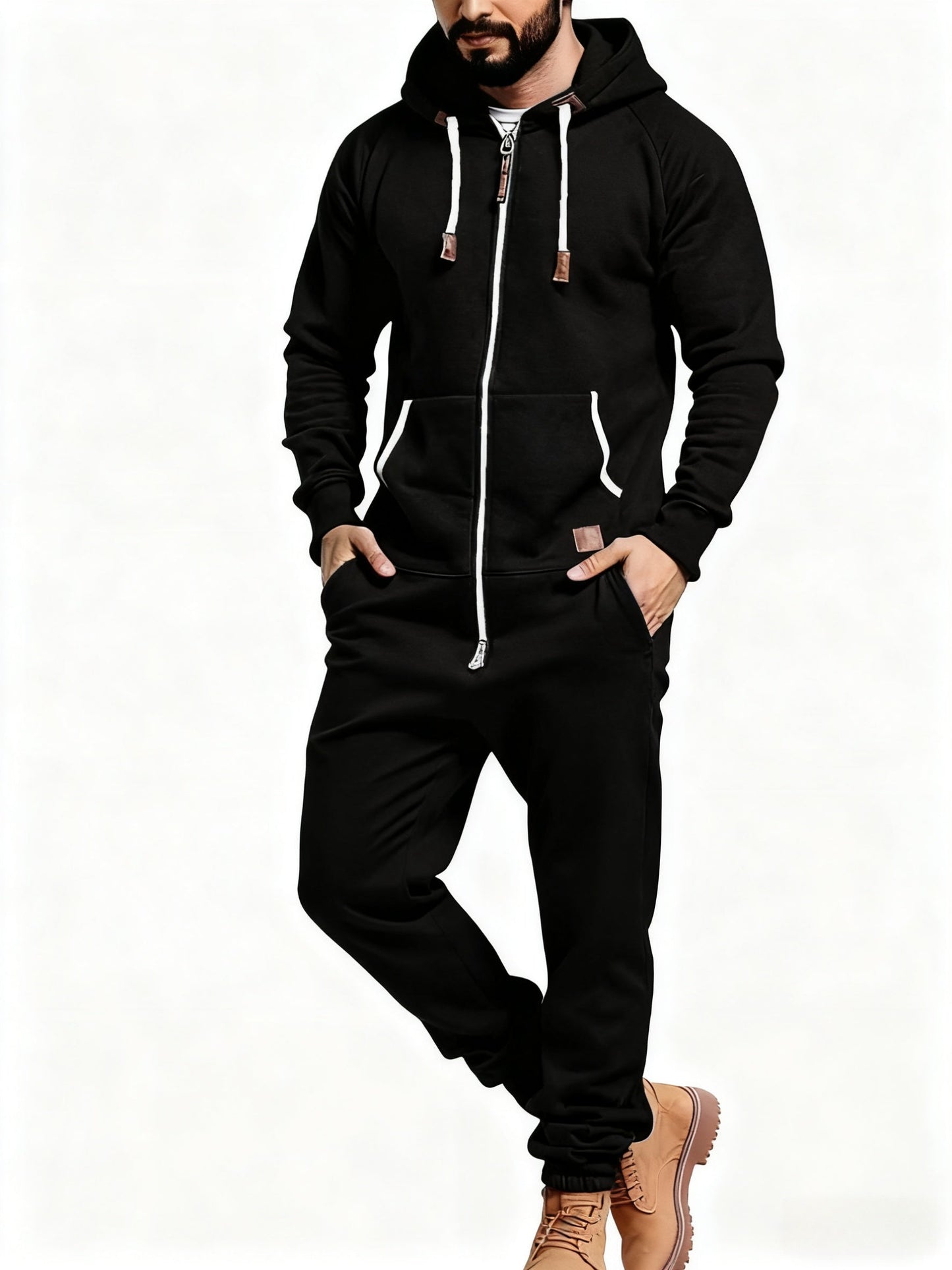 Men's Hooded Coveralls - Full-Zip One-Piece Design – Red / fern green – Red option – view 2