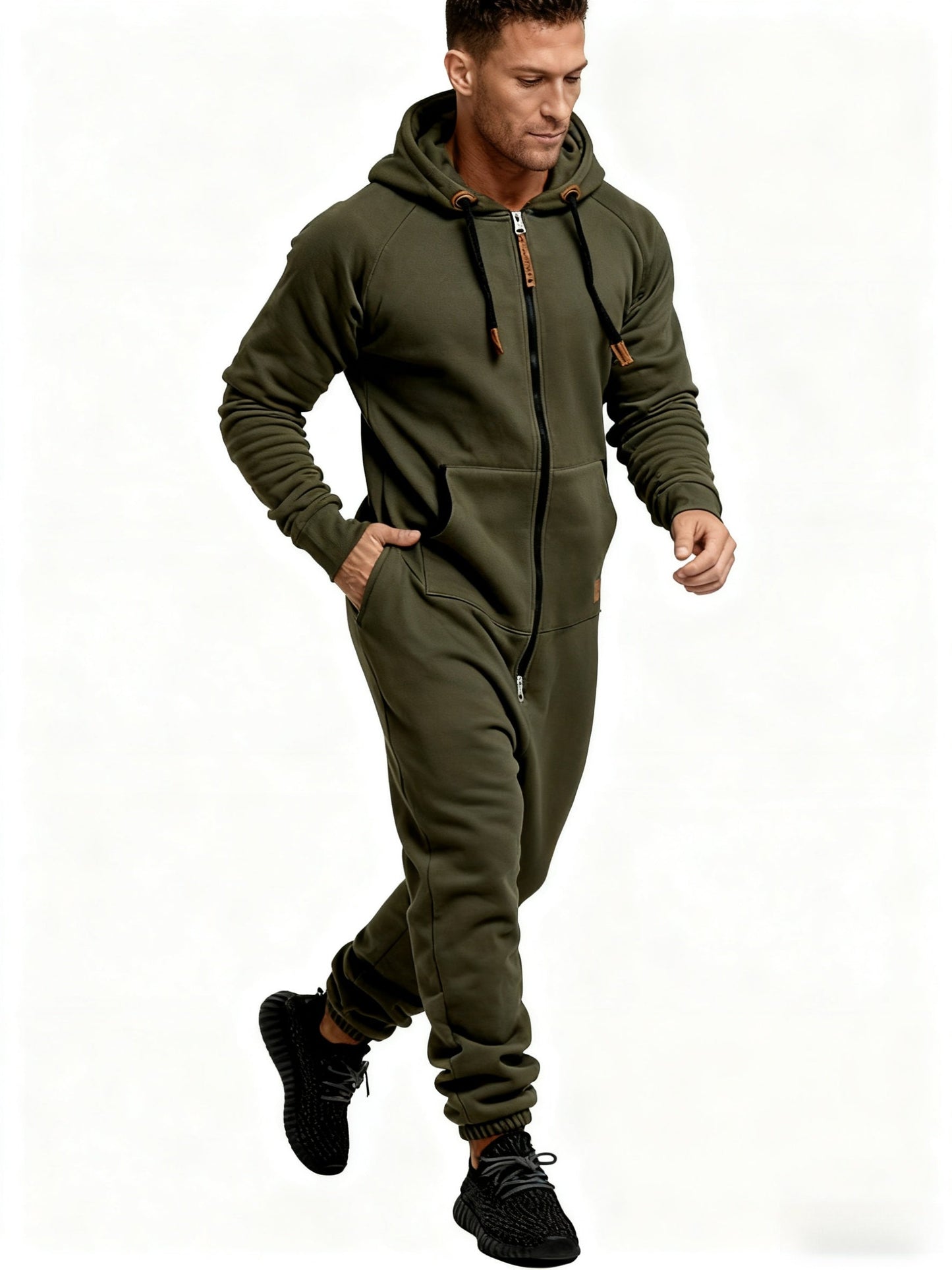 Men's Hooded Coveralls - Full-Zip One-Piece Design – Red / fern green – Red option – view 3