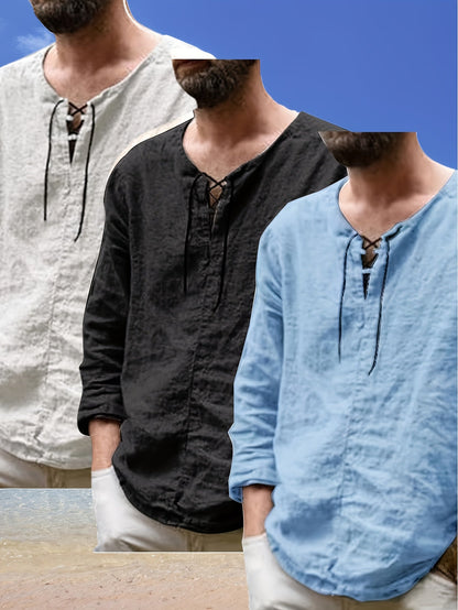 Men's Lace Detail Casual Shirt - V-Neck Long Sleeve – view 2