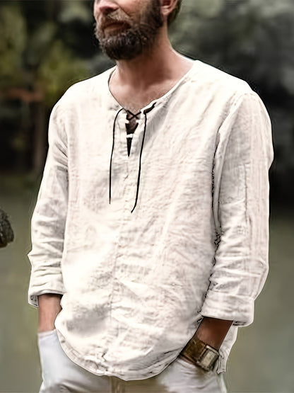 Men's Lace Detail Casual Shirt - V-Neck Long Sleeve – view 5