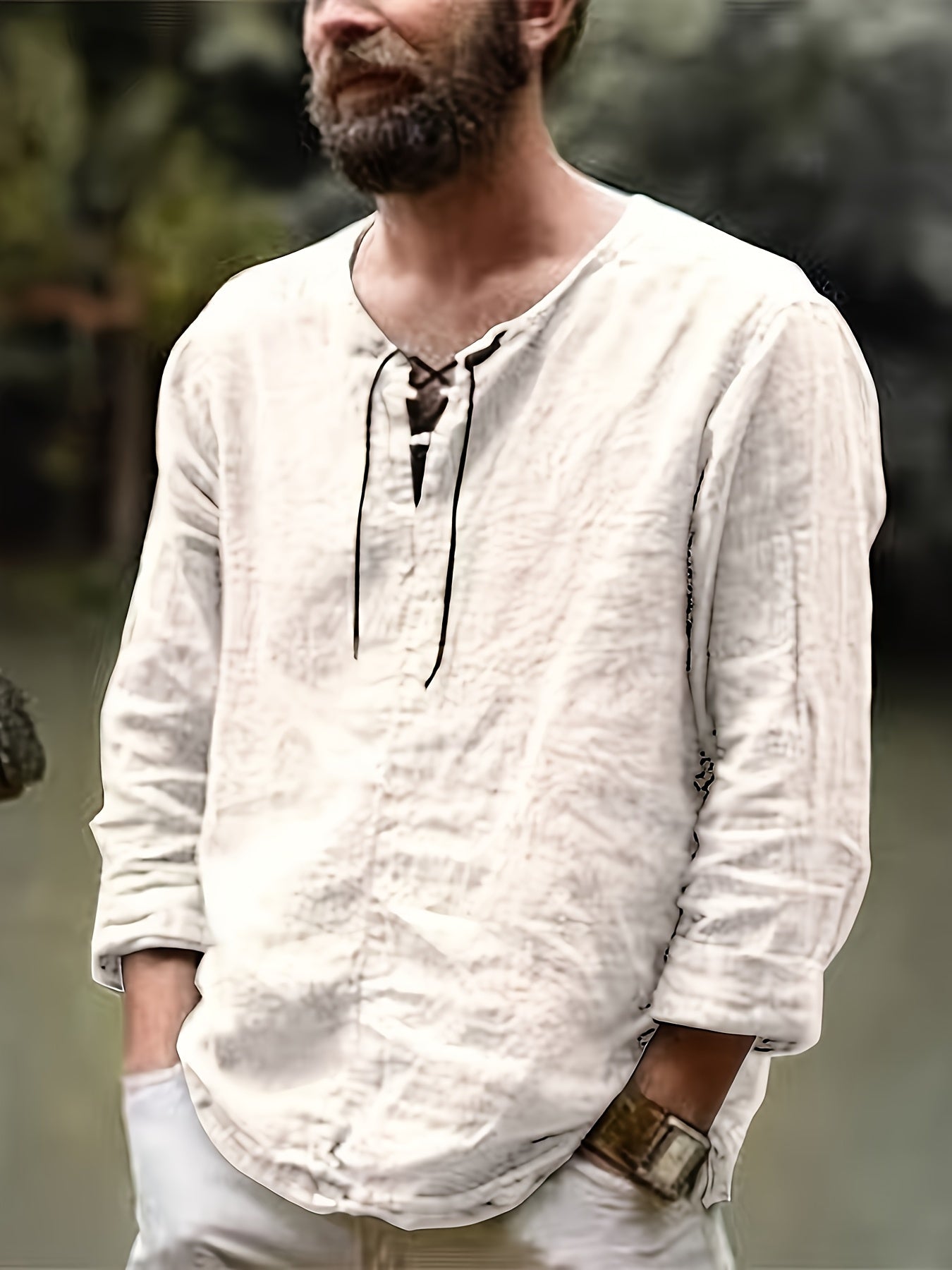 Men's Lace Detail Casual Shirt - V-Neck Long Sleeve – view 7