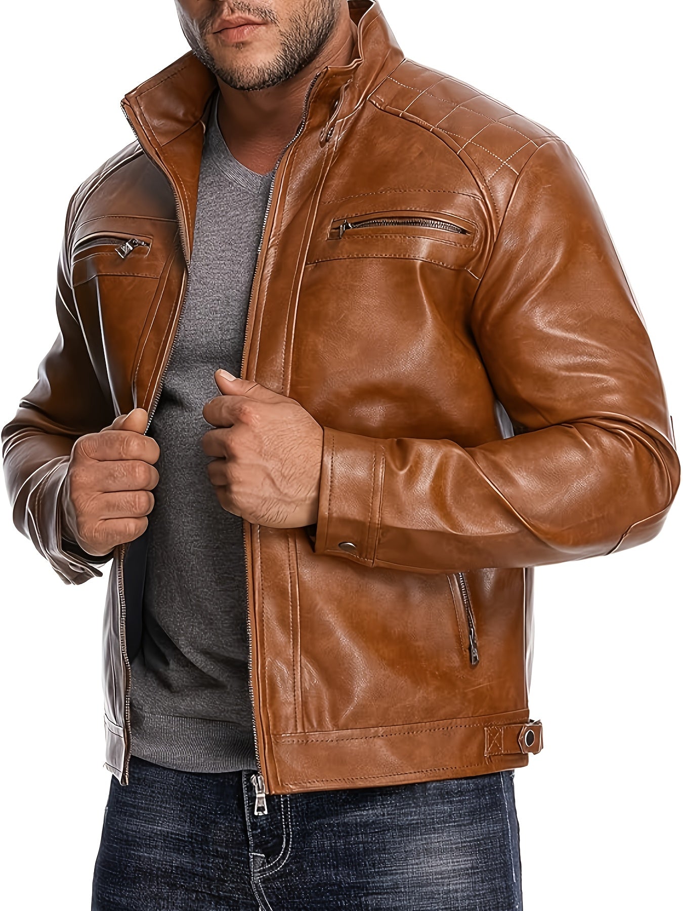Men's Lightweight Faux Leather Pullover Coat – brown option – view 2