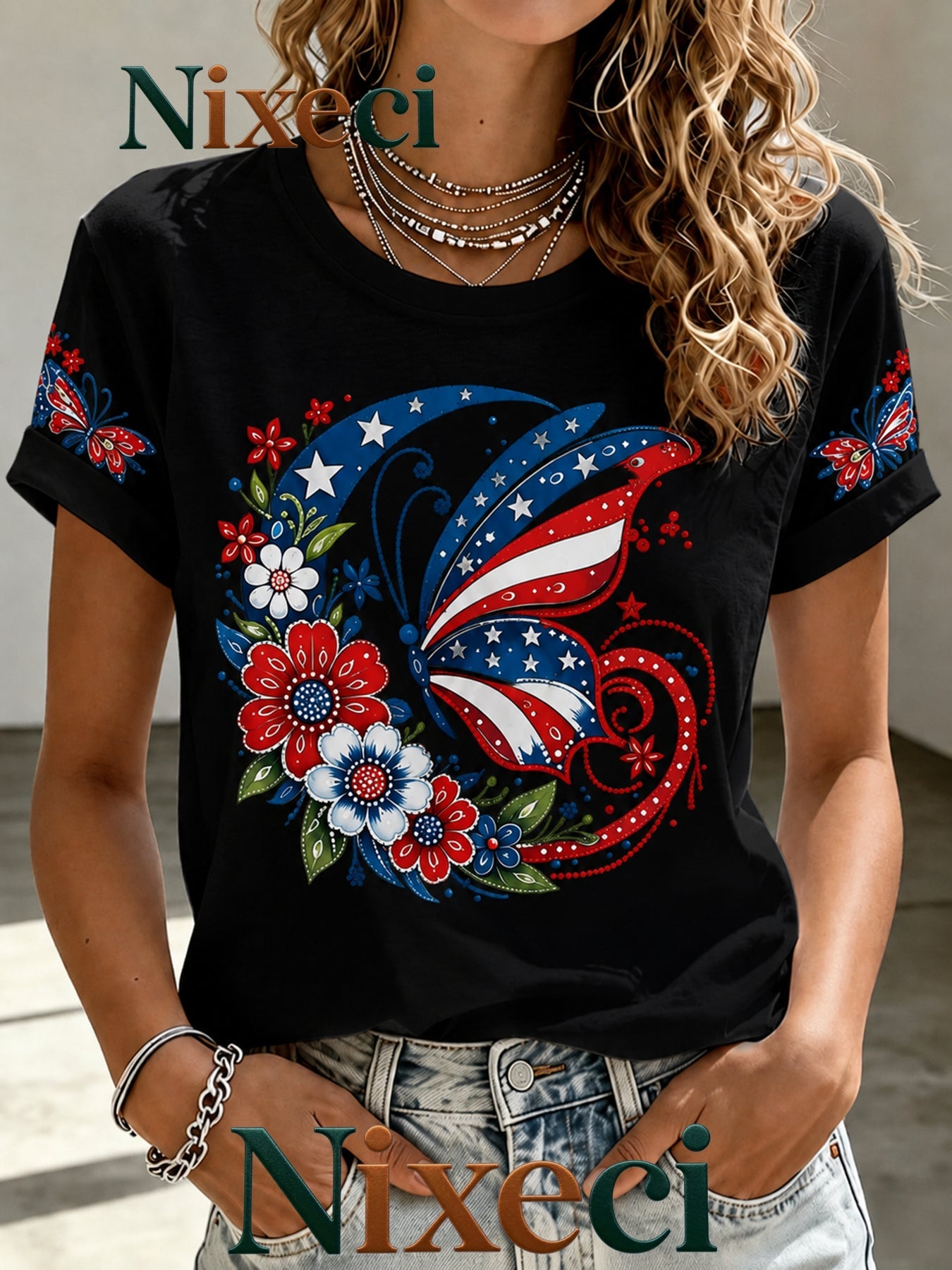 Men's Patriotic T-Shirt - Crew Neck Short Sleeve – NixeciGreen / NixeciBlack – view 5