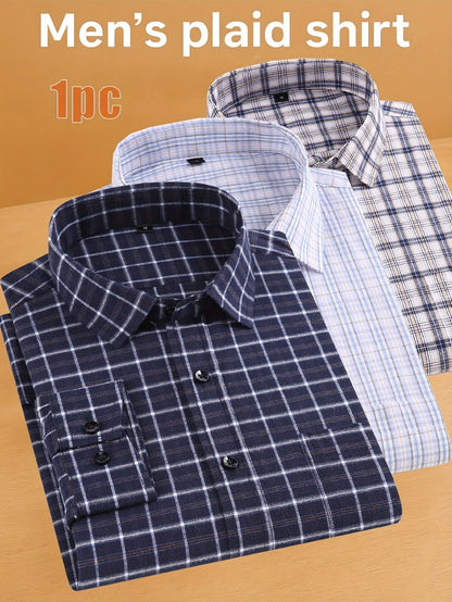 Men's Plaid Long Sleeve Casual Shirt - Easy Care – Navy option – view 3