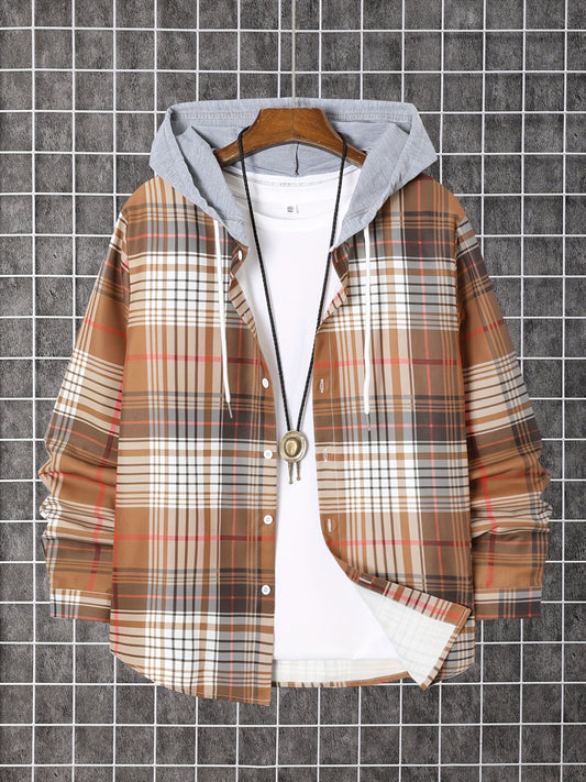 Men's Plaid Long Sleeve Hooded Shirt - Stretch – main product image