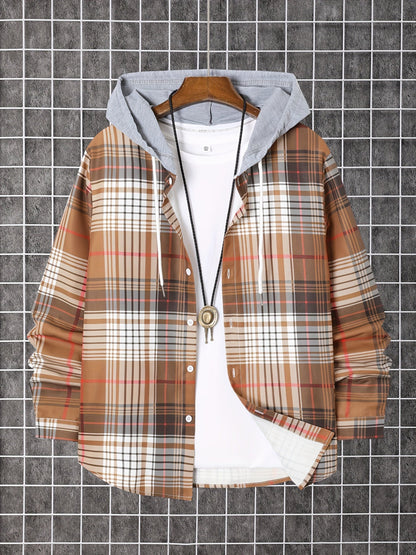 Men's Plaid Long Sleeve Hooded Shirt - Stretch – view 10