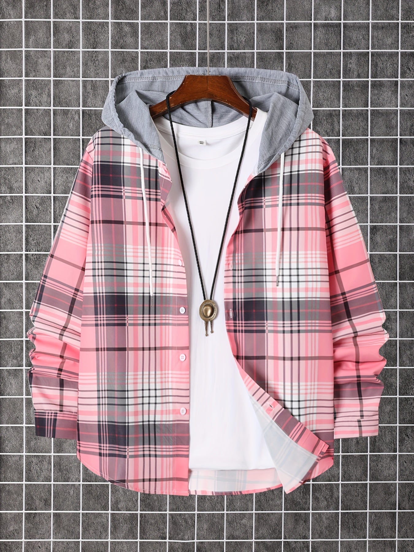 Men's Plaid Long Sleeve Hooded Shirt - Stretch – Pink option – view 2