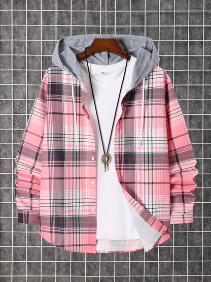 Men's Plaid Long Sleeve Hooded Shirt - Stretch – Pink option – view 2