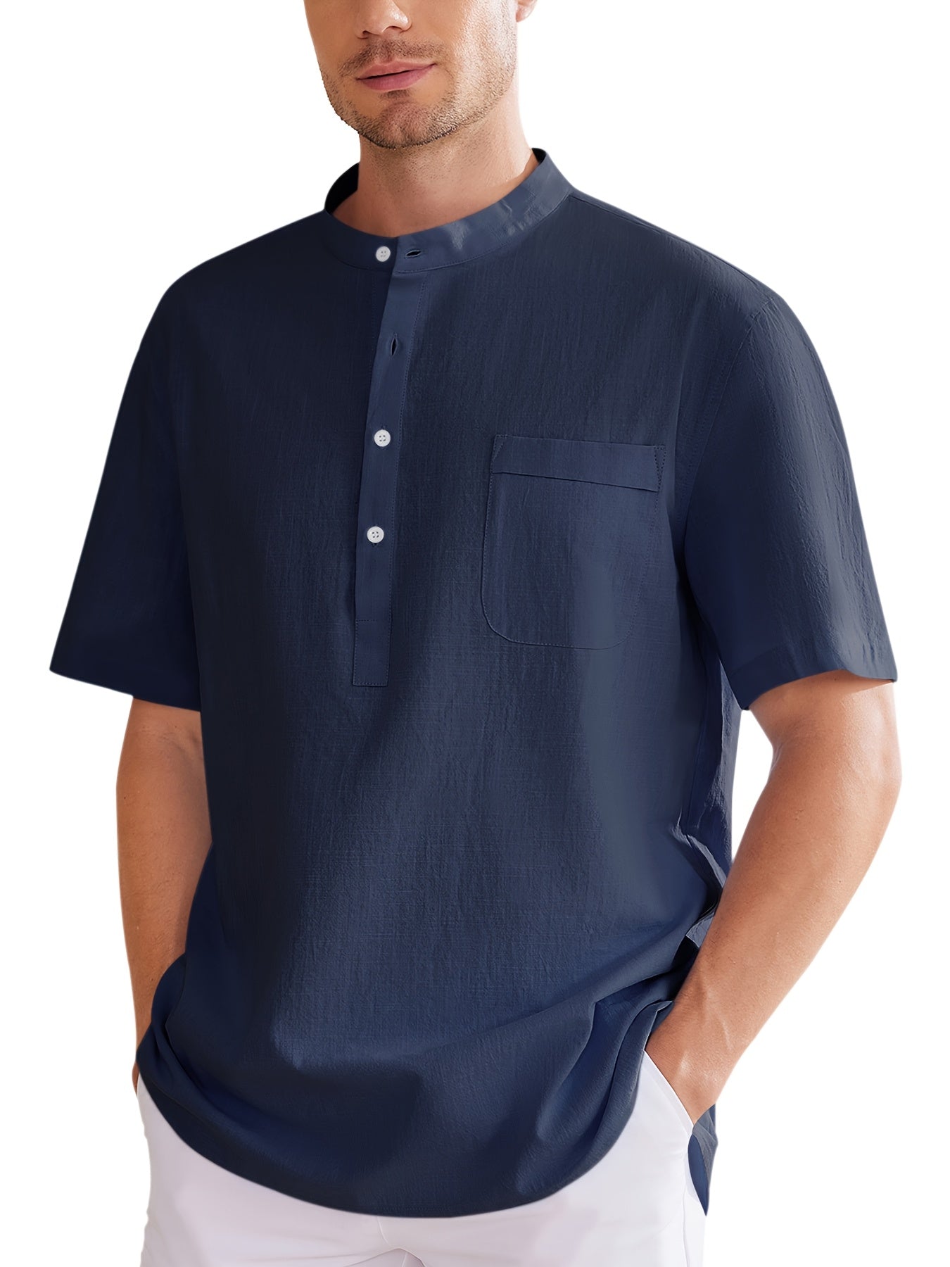 Men's Plus Size Henley Shirt – Sky Blue Short Sleeve – view 3
