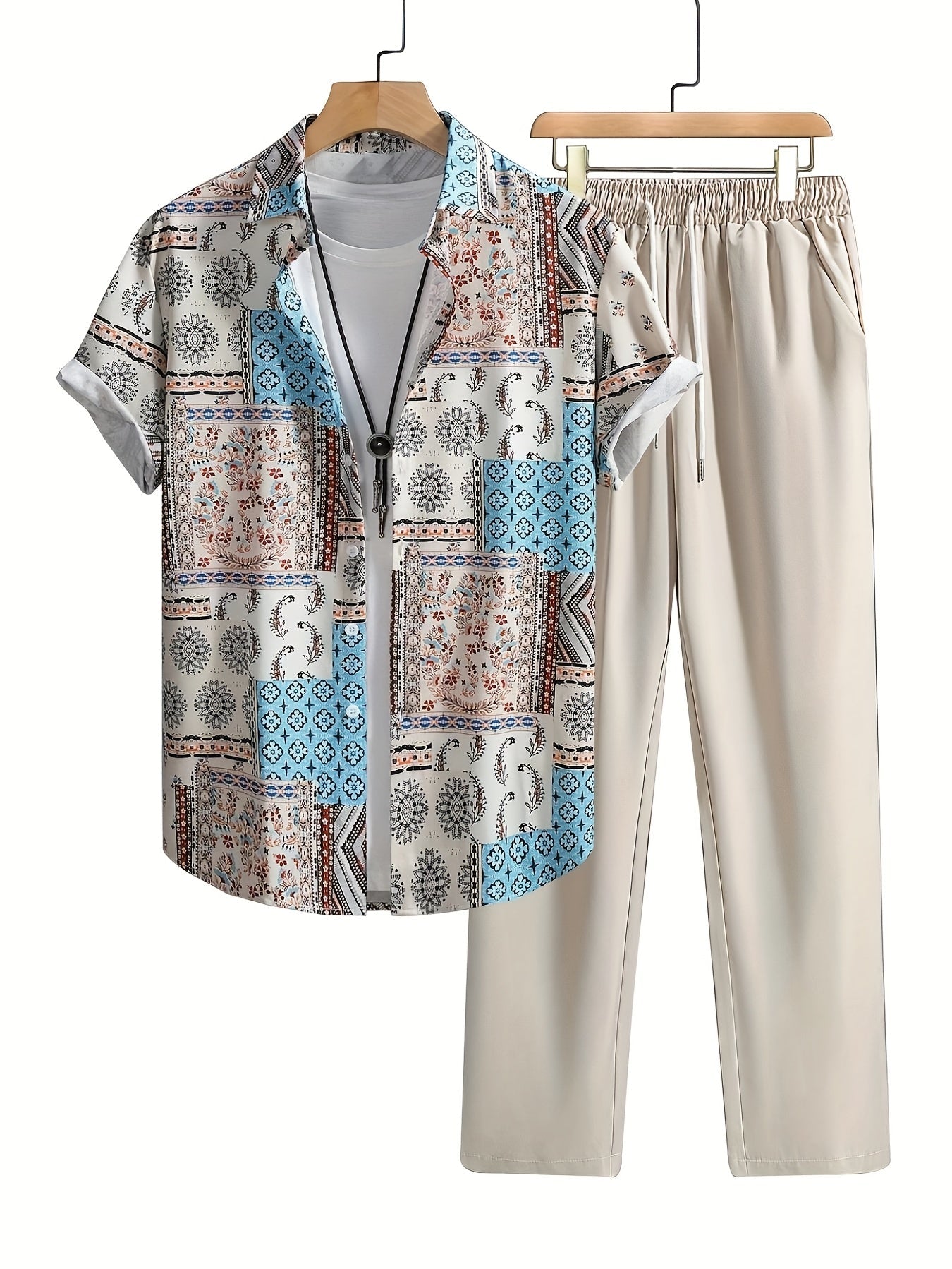 Men's Shirt and Pants Set - Geometric Print Summer Style – Beige option – view 3