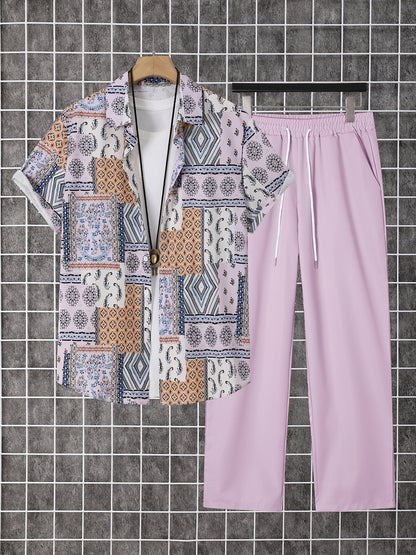 Men's Shirt and Pants Set - Geometric Print Summer Style – Beige option – view 4