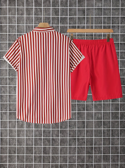 Men's Shirt and Shorts Set - Striped Summer Style – view 6