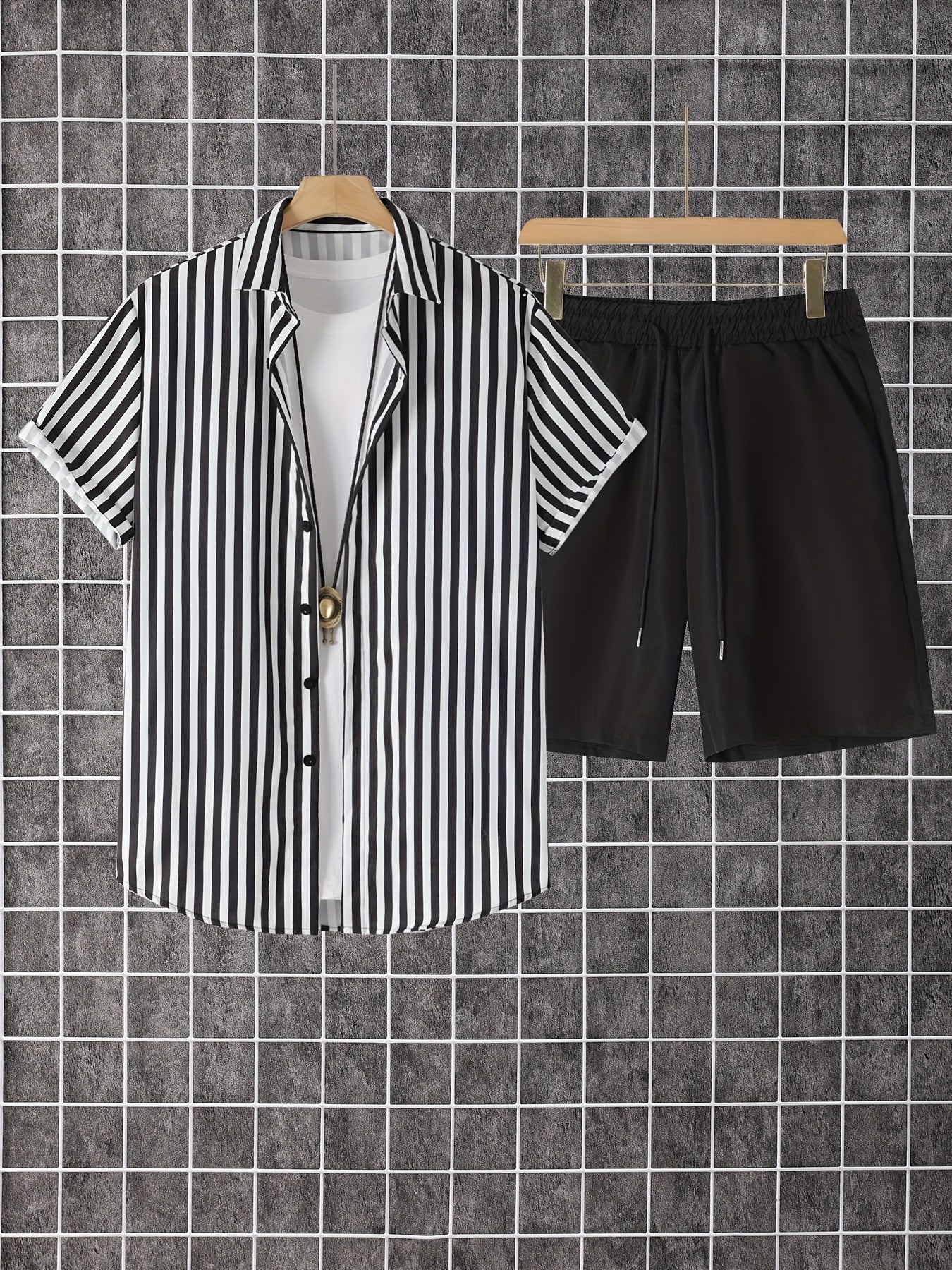 Men's Shirt and Shorts Set - Striped Summer Style – view 11