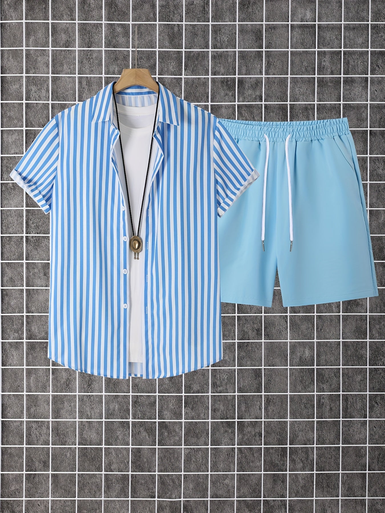 Men's Shirt and Shorts Set - Striped Summer Style – view 12