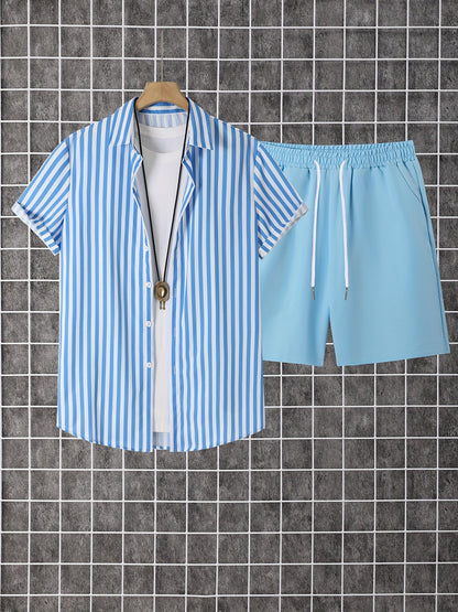 Men's Shirt and Shorts Set - Striped Summer Style – view 12
