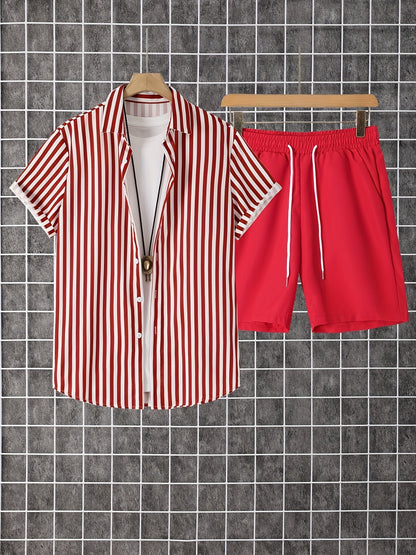 Men's Shirt and Shorts Set - Striped Summer Style – view 15