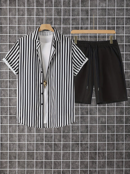 Men's Shirt and Shorts Set - Striped Summer Style – Brown option – view 3