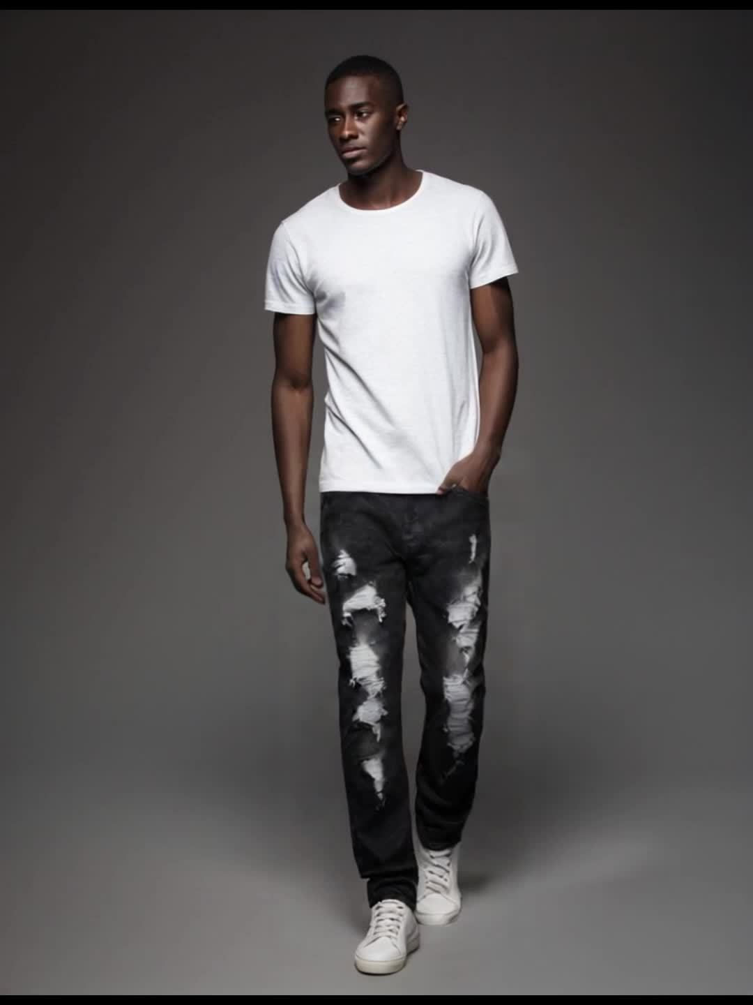 Men's Slim Fit Jeans - Black Denim Distressed – Sizes 28–40 – view 6