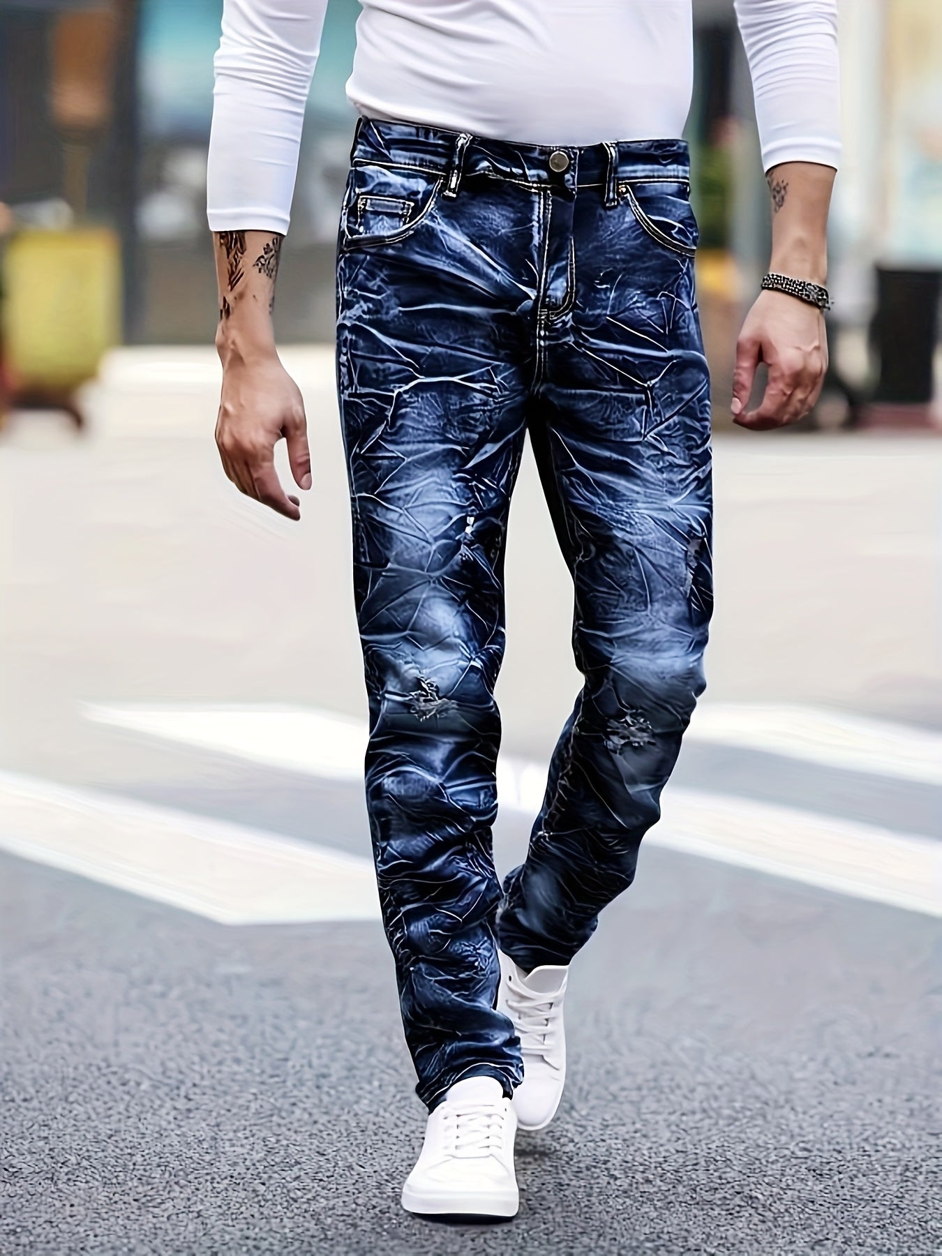Men's Slim Fit Jeans - Classic Wash Clean Finish – Navy Color Floral – view 3