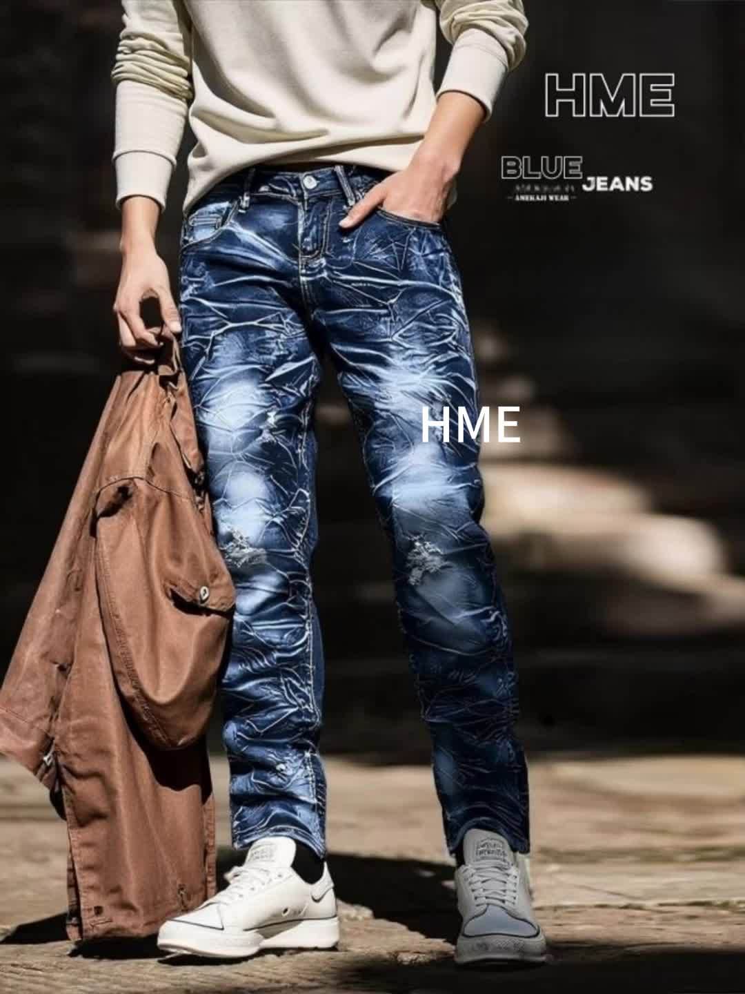 Men's Slim Fit Jeans - Classic Wash Clean Finish – Navy Color Floral – view 4