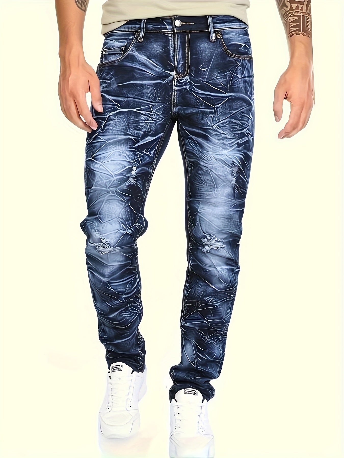 Men's Slim Fit Jeans - Classic Wash Clean Finish – Navy Color Floral – Navy option – main product image