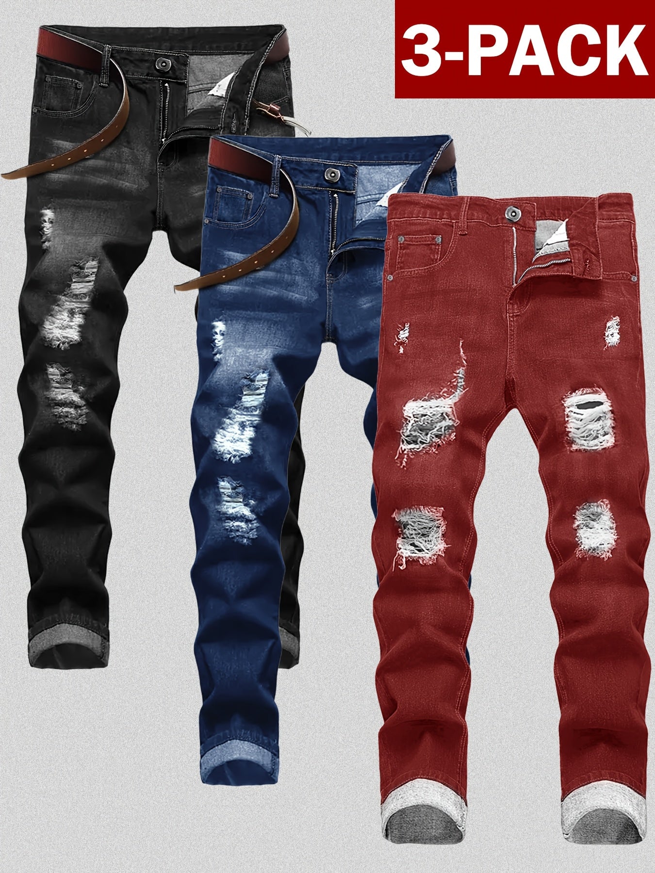 Men's Slim Fit Jeans - Classic Wash Distressed – 3-Color Selection – view 3