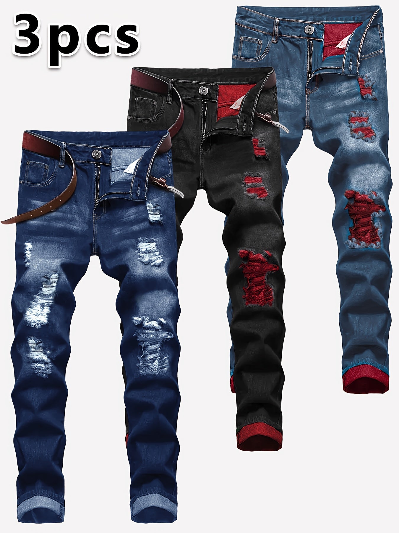 Men's Slim Fit Jeans - Classic Wash Distressed – 3-Color Selection – view 11