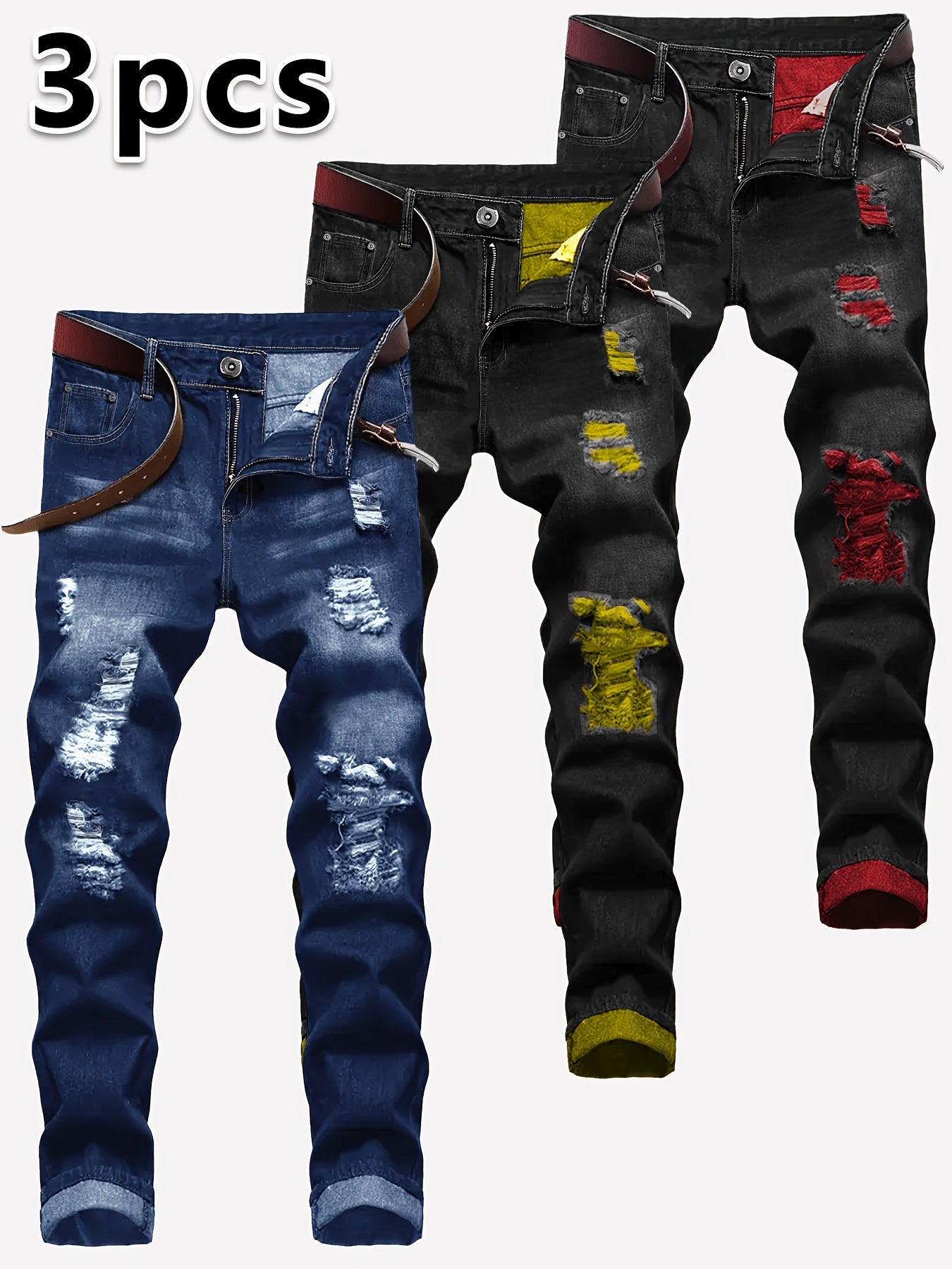 Men's Slim Fit Jeans - Classic Wash Distressed – 3-Color Selection – view 16