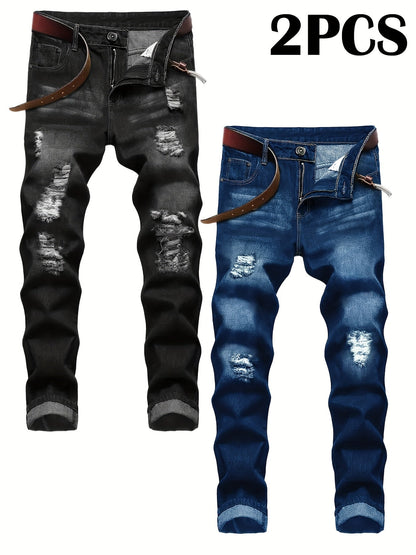 Men's Slim Fit Jeans - Classic Wash Distressed – Black+Blue Denim Slim-Fit – main product image