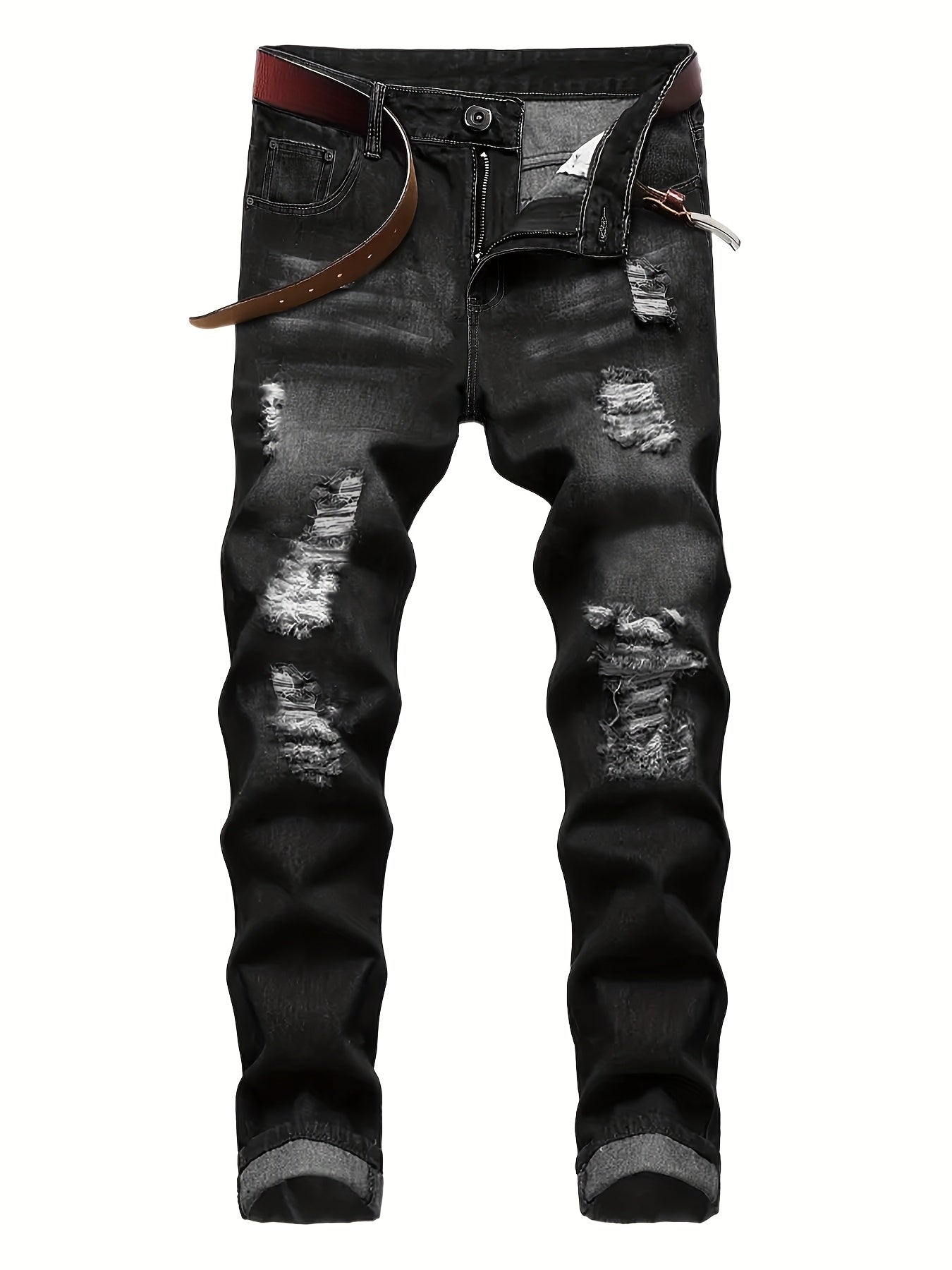 Men's Slim Fit Jeans - Classic Wash Distressed – Black+Blue Denim Slim-Fit – view 4