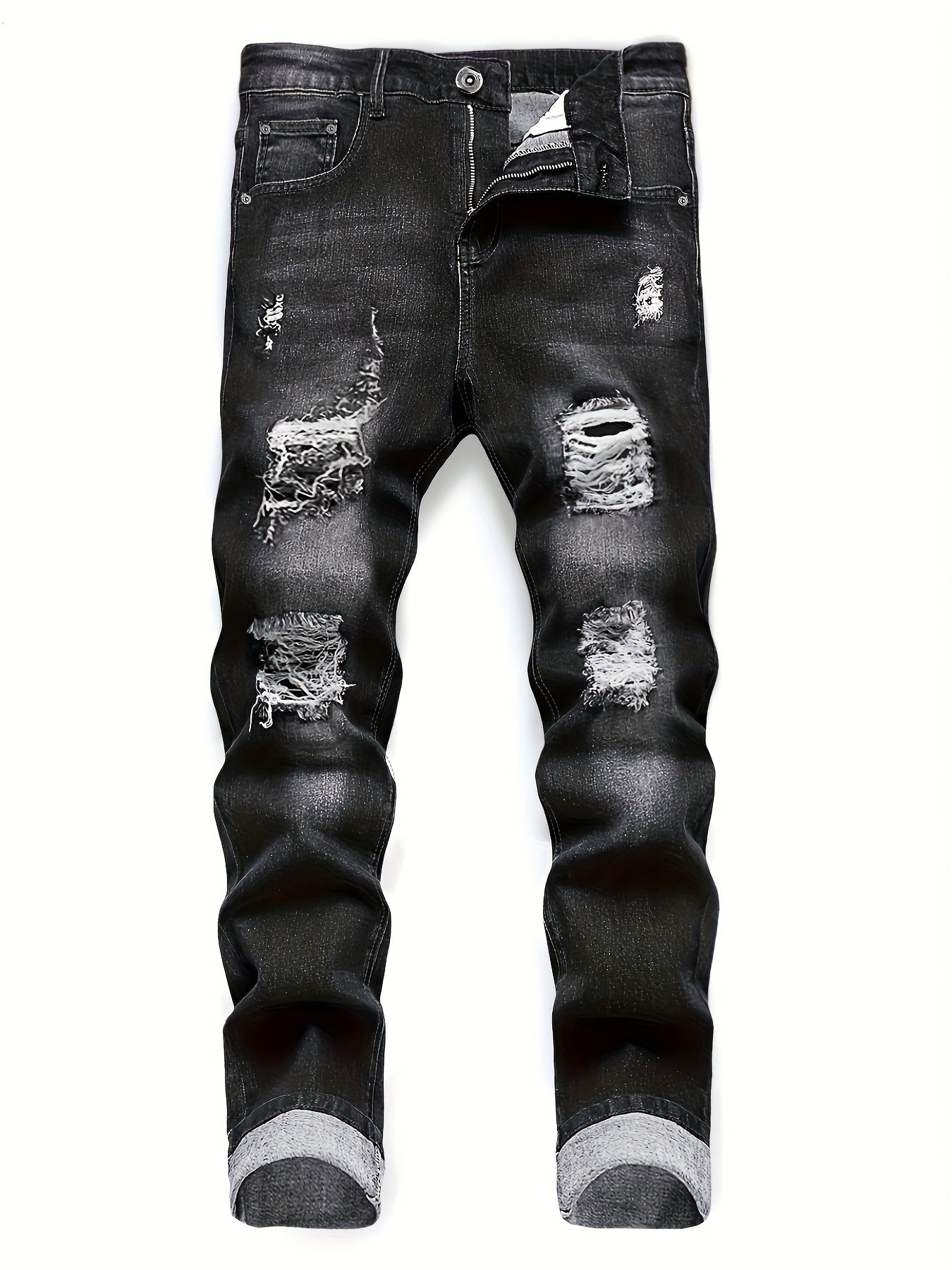 Men's Slim Fit Jeans - Classic Wash Distressed – Black+Blue Denim Slim-Fit – view 5
