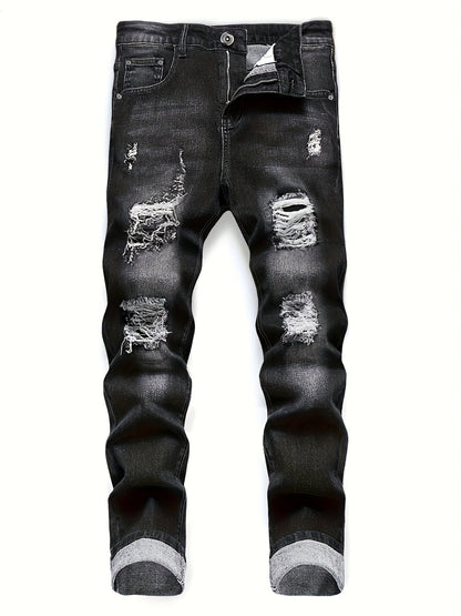 Men's Slim Fit Jeans - Classic Wash Distressed – Black+Blue Denim Slim-Fit – view 5