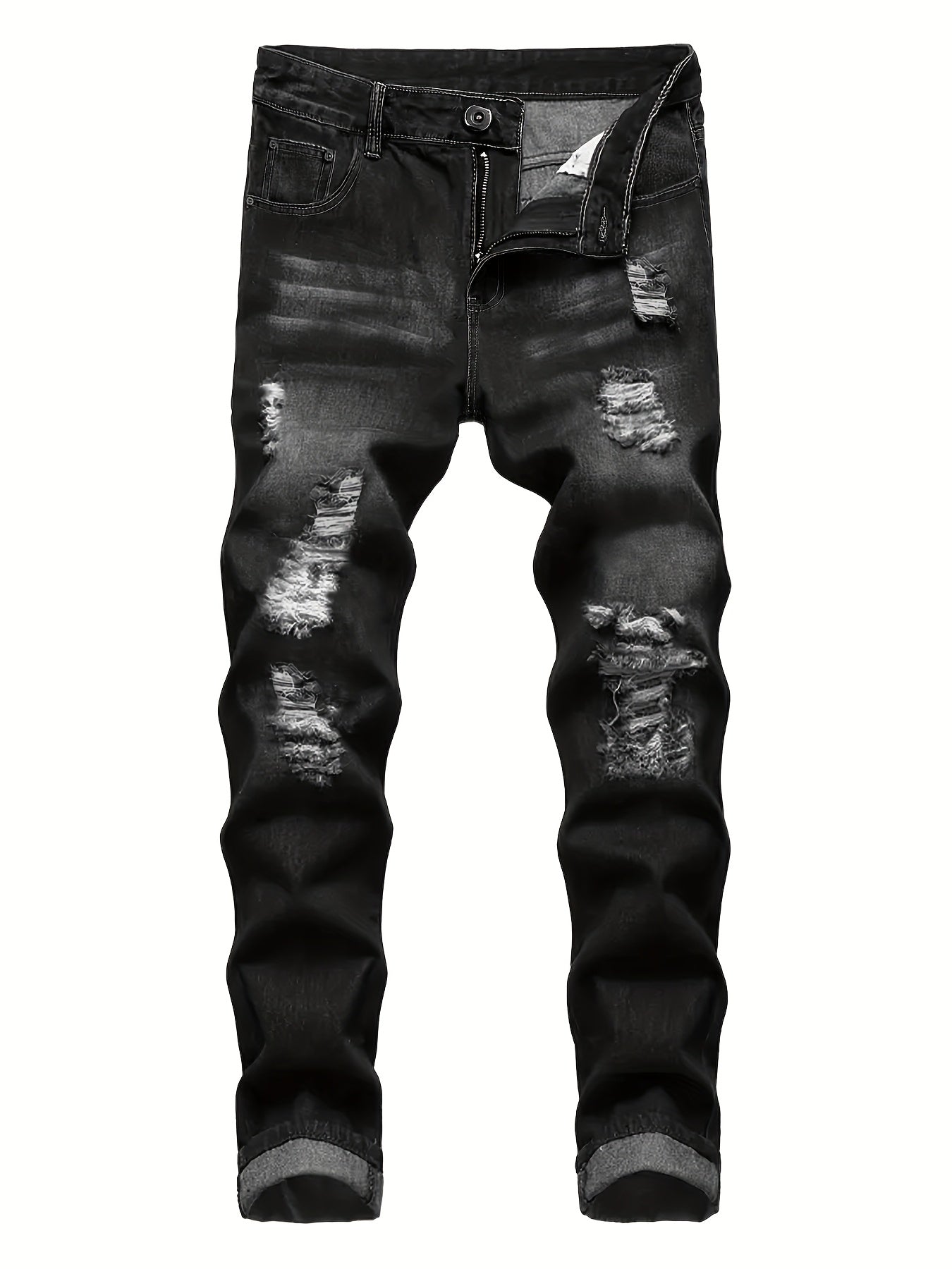 Men's Slim Fit Jeans - Classic Wash Distressed – Black+Blue Denim Slim-Fit – view 6
