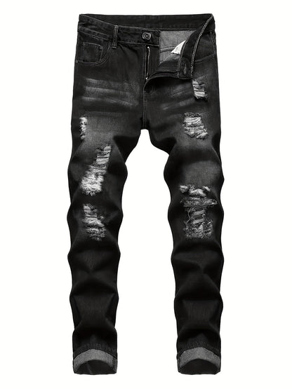 Men's Slim Fit Jeans - Classic Wash Distressed – Black+Blue Denim Slim-Fit – view 6